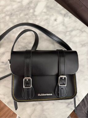 Dr. Martens Black Leather Mini Satchel with Yellow Stitching